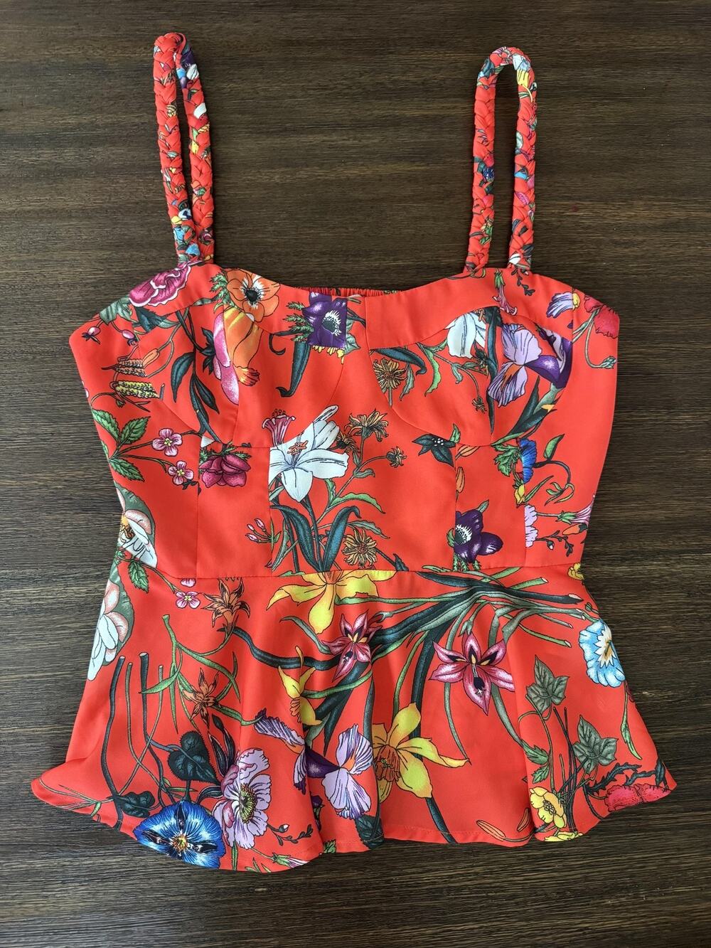 Mare Mare X Anthropologie Cami Tank Top Womens XS Orange Floral Peplum Braided